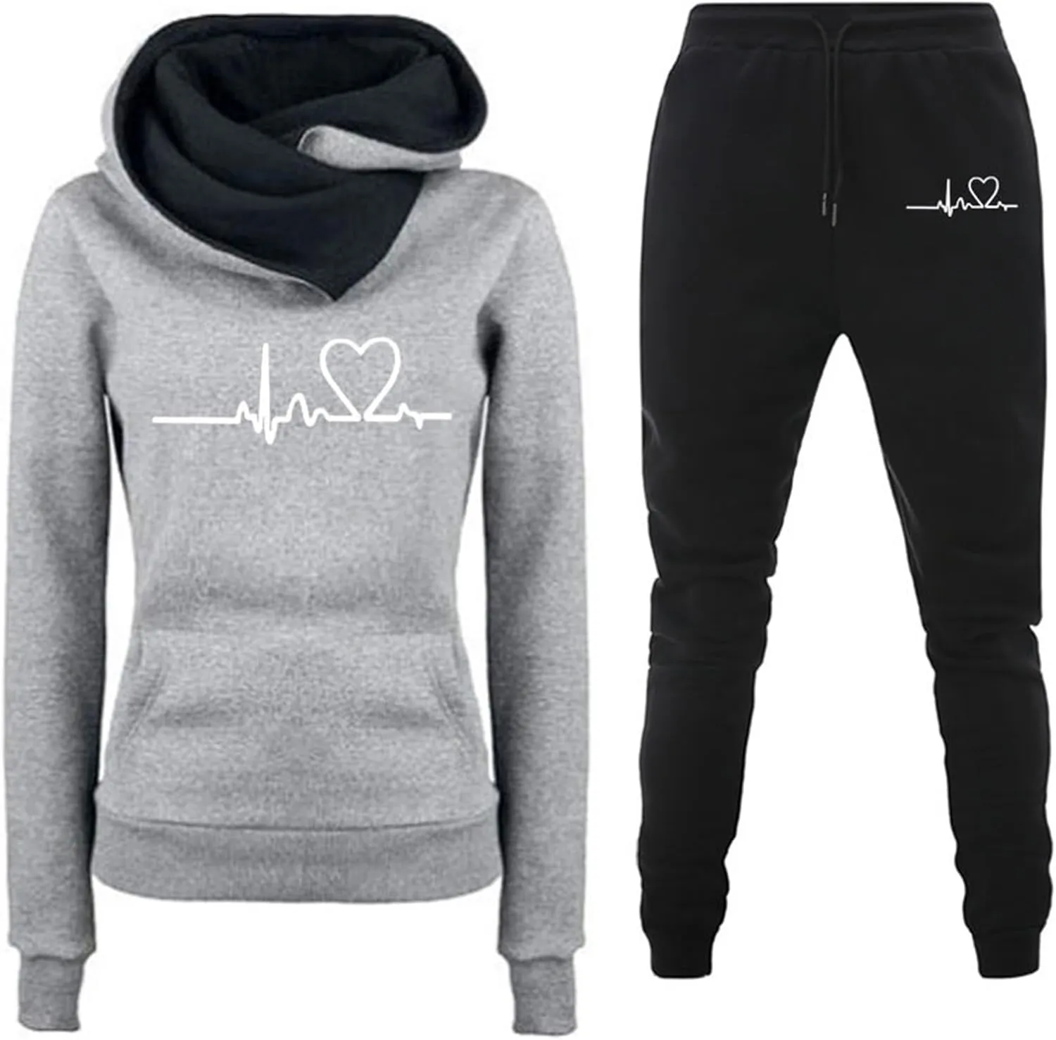 Mzkdieey Womens 2 Piece Outfits Fleece Lined Sweatsuits Sets Lounge Hoodie Heartbeat Print Sweatshirt with Jogger Sweatpants