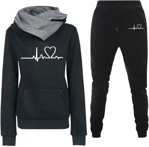 Mzkdieey Womens 2 Piece Outfits Fleece Lined Sweatsuits Sets Lounge Hoodie Heartbeat Print Sweatshirt with Jogger Sweatpants