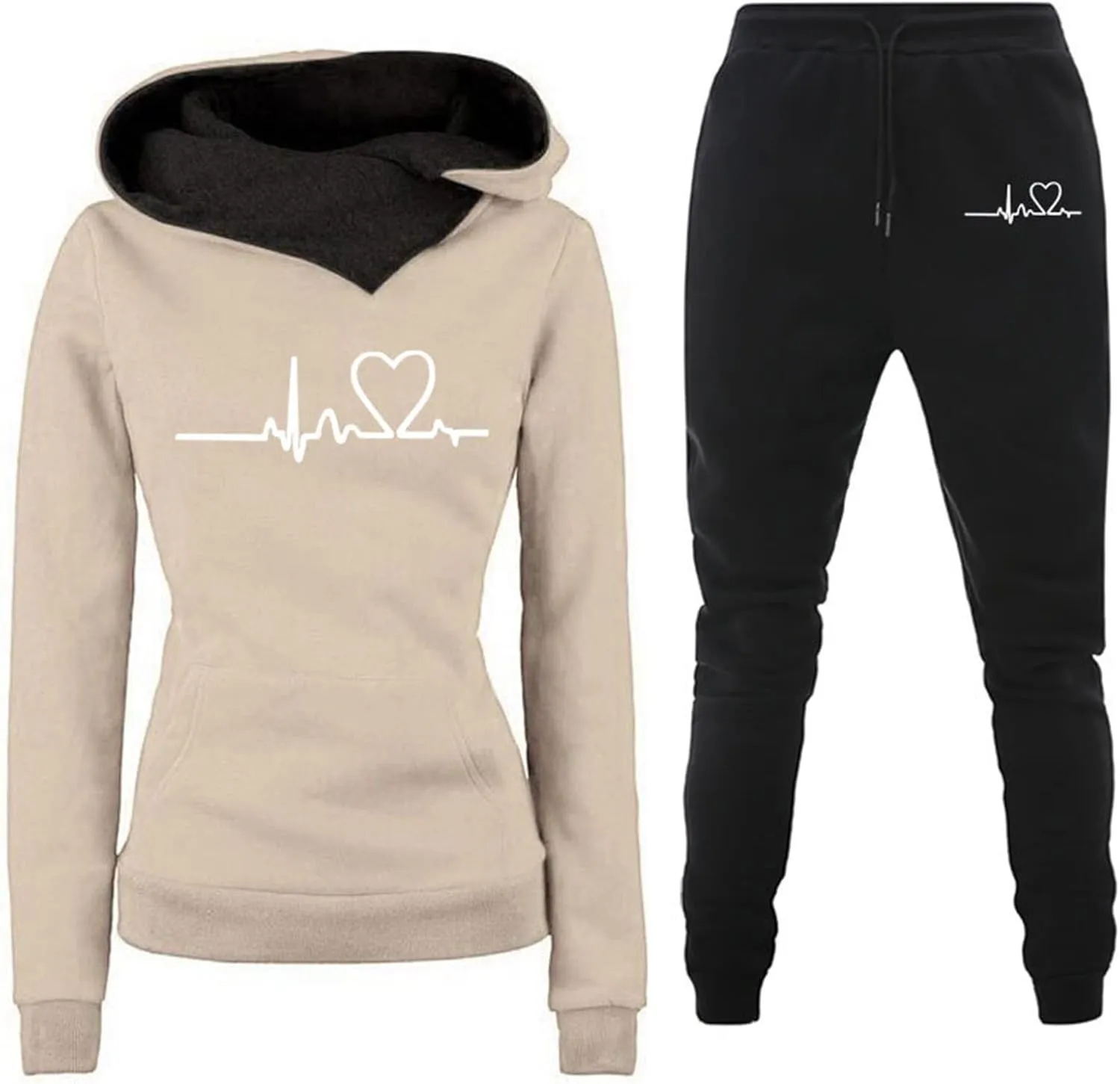 Mzkdieey Womens 2 Piece Outfits Fleece Lined Sweatsuits Sets Lounge Hoodie Heartbeat Print Sweatshirt with Jogger Sweatpants