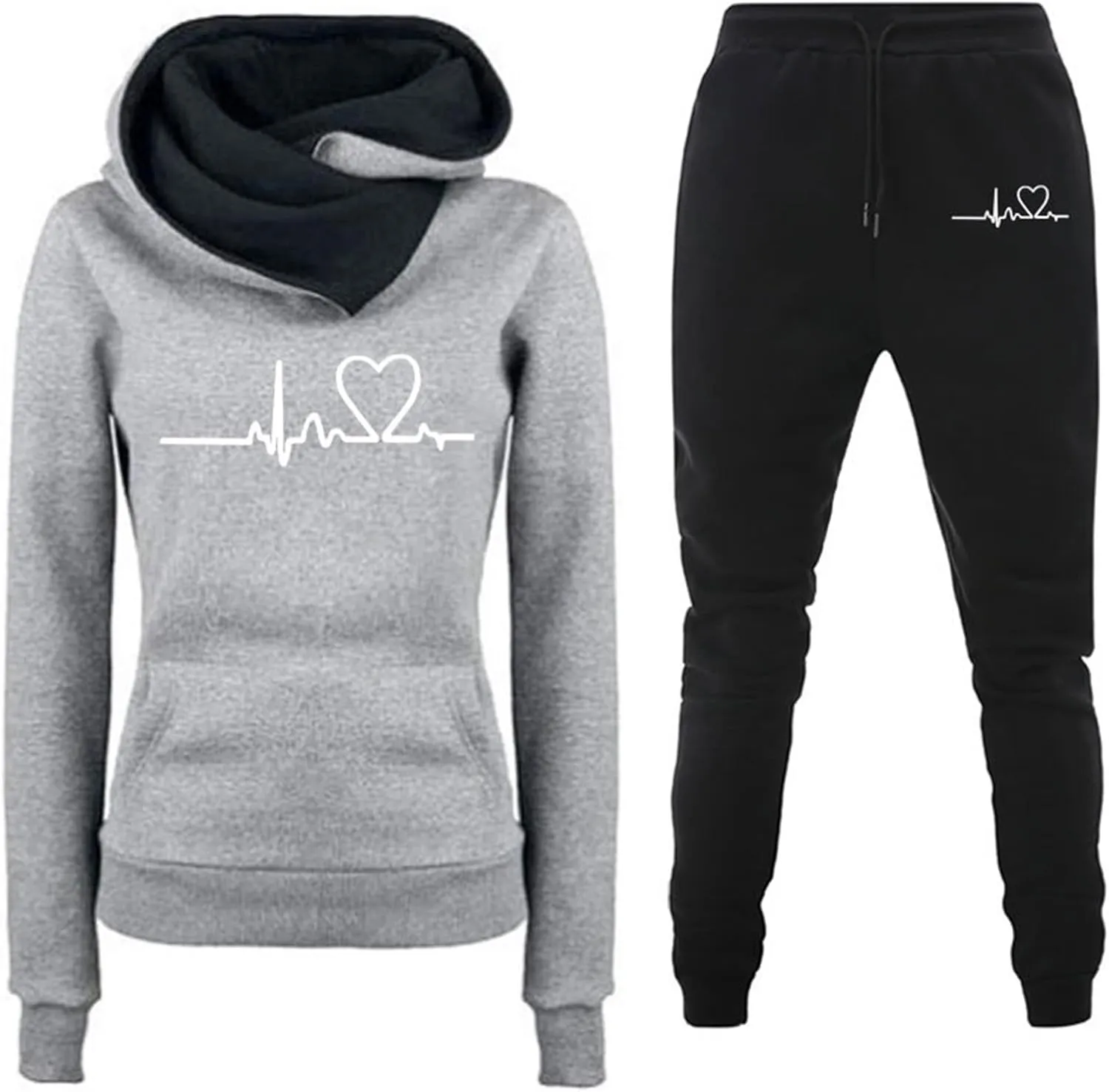 Mzkdieey Womens 2 Piece Outfits Fleece Lined Sweatsuits Sets Lounge Hoodie Heartbeat Print Sweatshirt with Jogger Sweatpants