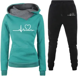 Mzkdieey Womens 2 Piece Outfits Fleece Lined Sweatsuits Sets Lounge Hoodie Heartbeat Print Sweatshirt with Jogger Sweatpants