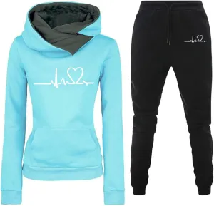 Mzkdieey Womens 2 Piece Outfits Fleece Lined Sweatsuits Sets Lounge Hoodie Heartbeat Print Sweatshirt with Jogger Sweatpants