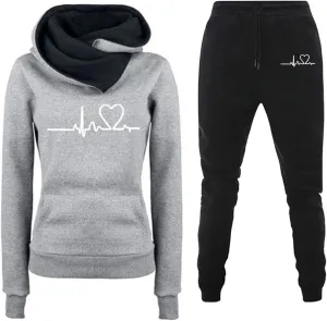 Mzkdieey Womens 2 Piece Outfits Fleece Lined Sweatsuits Sets Lounge Hoodie Heartbeat Print Sweatshirt with Jogger Sweatpants