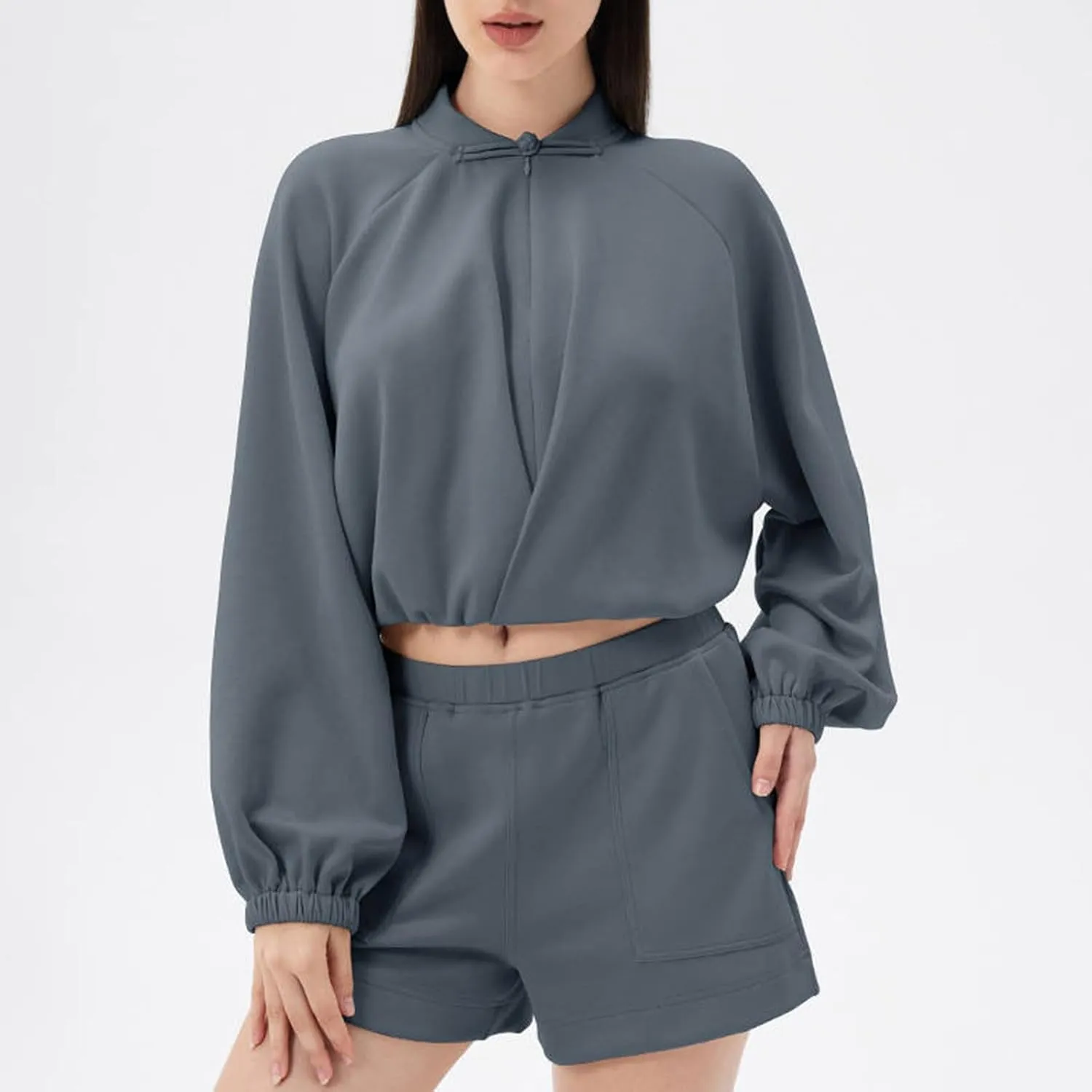 NATHGAM Women's Yoga Athletic Shirts Fleece Long Sleeve Cropped Pullover Tops Casual Loose Fit Comfy Running Sweatshirt
