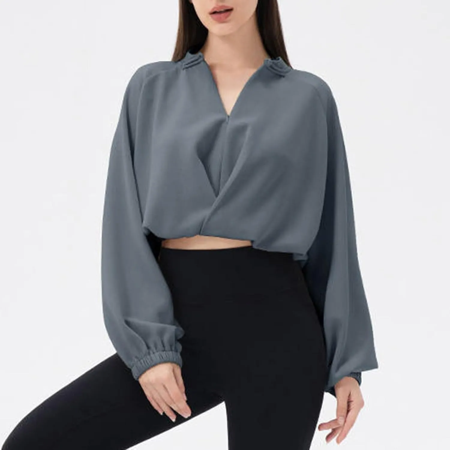 NATHGAM Women's Yoga Athletic Shirts Fleece Long Sleeve Cropped Pullover Tops Casual Loose Fit Comfy Running Sweatshirt
