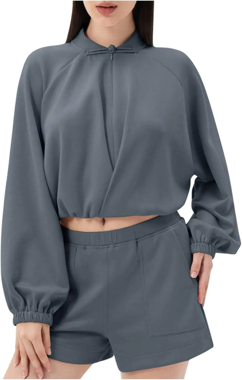 NATHGAM Women's Yoga Athletic Shirts Fleece Long Sleeve Cropped Pullover Tops Casual Loose Fit Comfy Running Sweatshirt