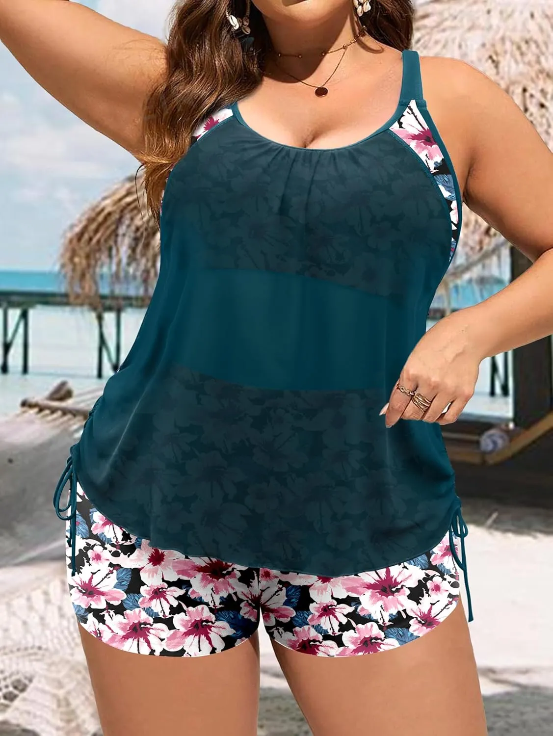 NIeyook Plus Size Swimsuit for Women 2 Piece Tummy Control Bathing Suit 2025 Tankini Set with Shorts Drawstring Swimwear