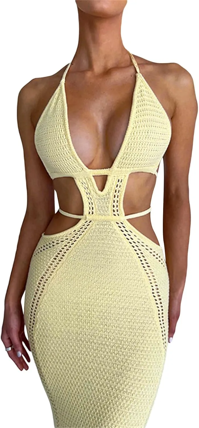 NUFIWI Women Knitted Halter Neck Maxi Dress Sleeveless Tie Backless Hollow Out Dress Bodycon Cutout Summer Beach Dress