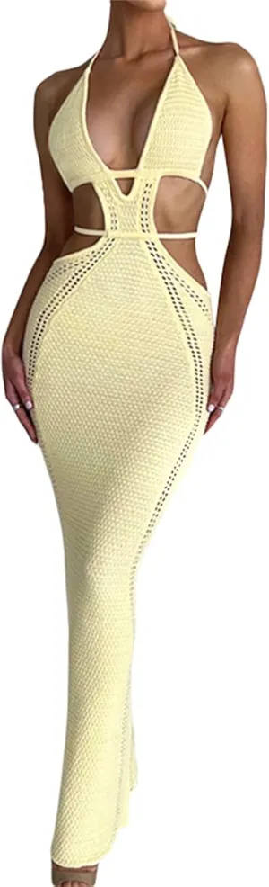 NUFIWI Women Knitted Halter Neck Maxi Dress Sleeveless Tie Backless Hollow Out Dress Bodycon Cutout Summer Beach Dress