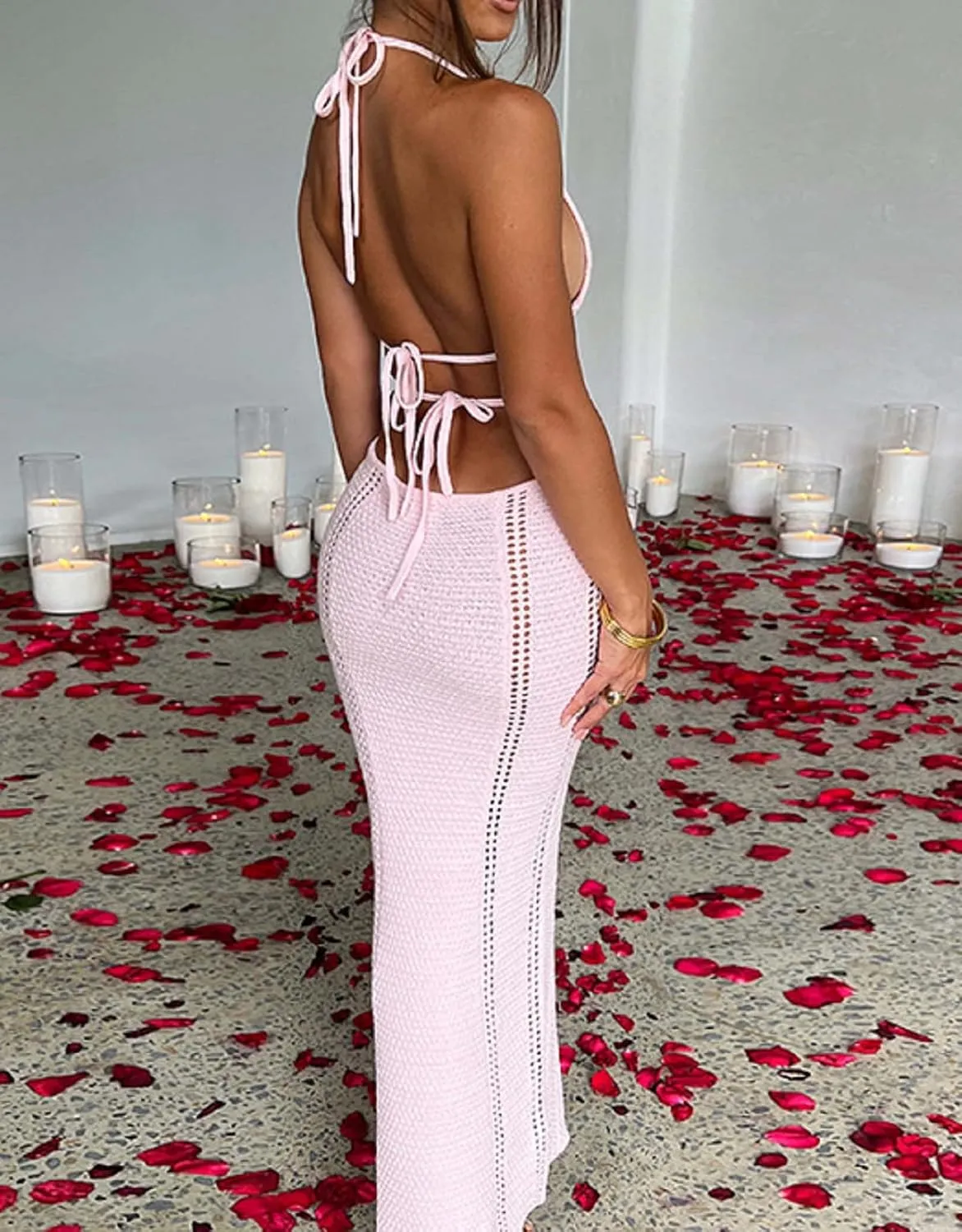 NUFIWI Women Knitted Halter Neck Maxi Dress Sleeveless Tie Backless Hollow Out Dress Bodycon Cutout Summer Beach Dress