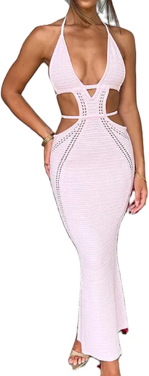 NUFIWI Women Knitted Halter Neck Maxi Dress Sleeveless Tie Backless Hollow Out Dress Bodycon Cutout Summer Beach Dress