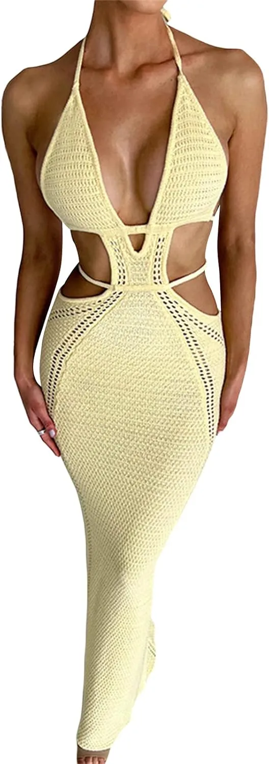 NUFIWI Women Knitted Halter Neck Maxi Dress Sleeveless Tie Backless Hollow Out Dress Bodycon Cutout Summer Beach Dress