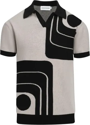 OXKNIT Mens Black V-Neck Polo Shirt 1960s Style Knit Golf Polo Short Sleeve Vintage Summer Shirt