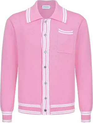 OXKNIT Men's Casual 1960s Mod Style Retro Pink Sweater Knitted Long Sleeve Cotton Vintage Cardigan with Pocket