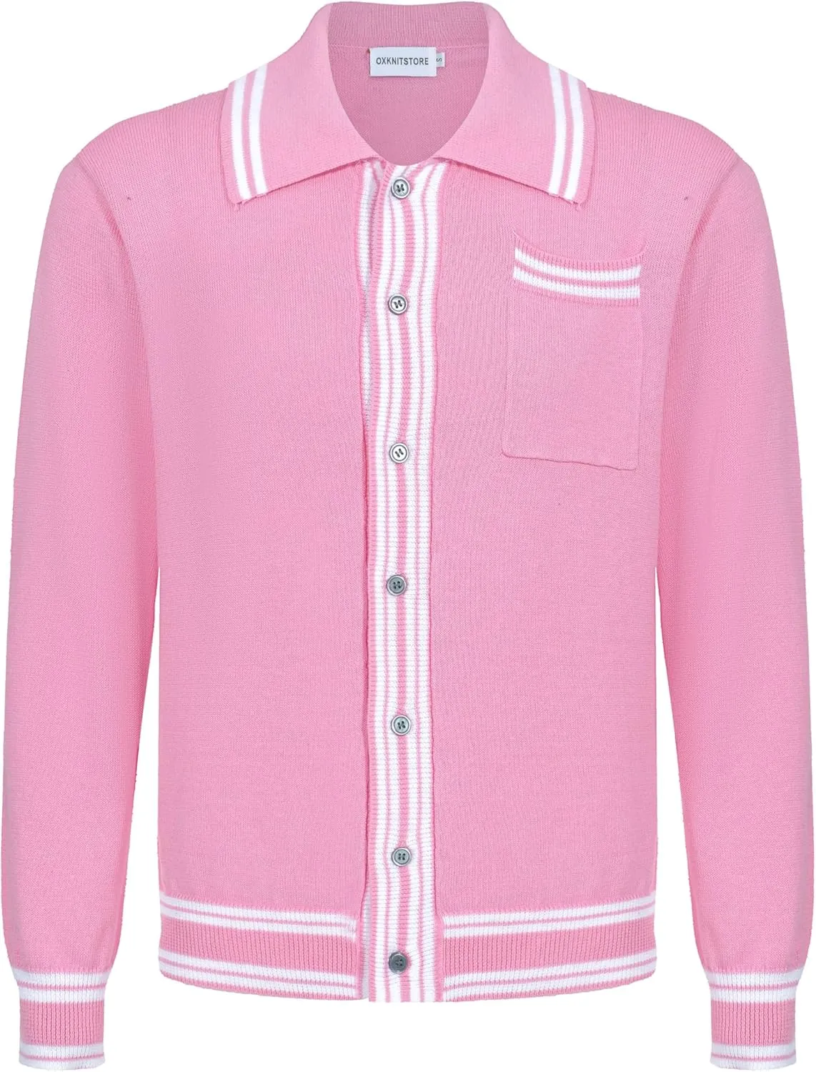OXKNIT Men's Casual 1960s Mod Style Retro Pink Sweater Knitted Long Sleeve Cotton Vintage Cardigan with Pocket