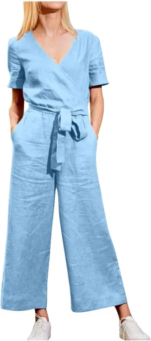 Pants for Women Fall Summer Linen Loose Fit Straight Leg Plain Overalls Pants One Piece Women 2024 Y2K