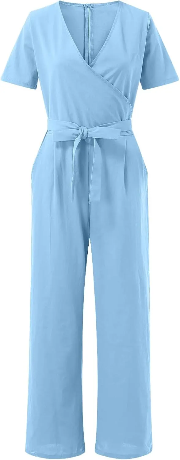Pants for Women Fall Summer Linen Loose Fit Straight Leg Plain Overalls Pants One Piece Women 2024 Y2K