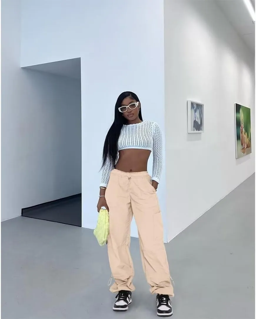 Parachute Pants for Women Cargo Pants Womens Baggy Drawstring Elastic Low Waist Ruched Joggers Pant with Pockets