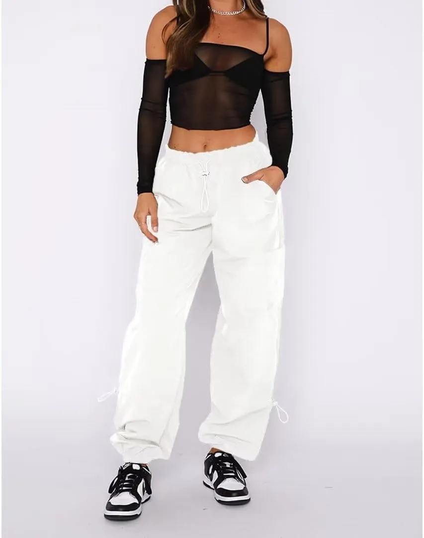 Parachute Pants for Women Cargo Pants Womens Baggy Drawstring Elastic Low Waist Ruched Joggers Pant with Pockets