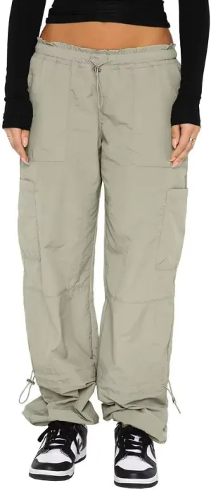Parachute Pants for Women Cargo Pants Womens Baggy Drawstring Elastic Low Waist Ruched Joggers Pant with Pockets
