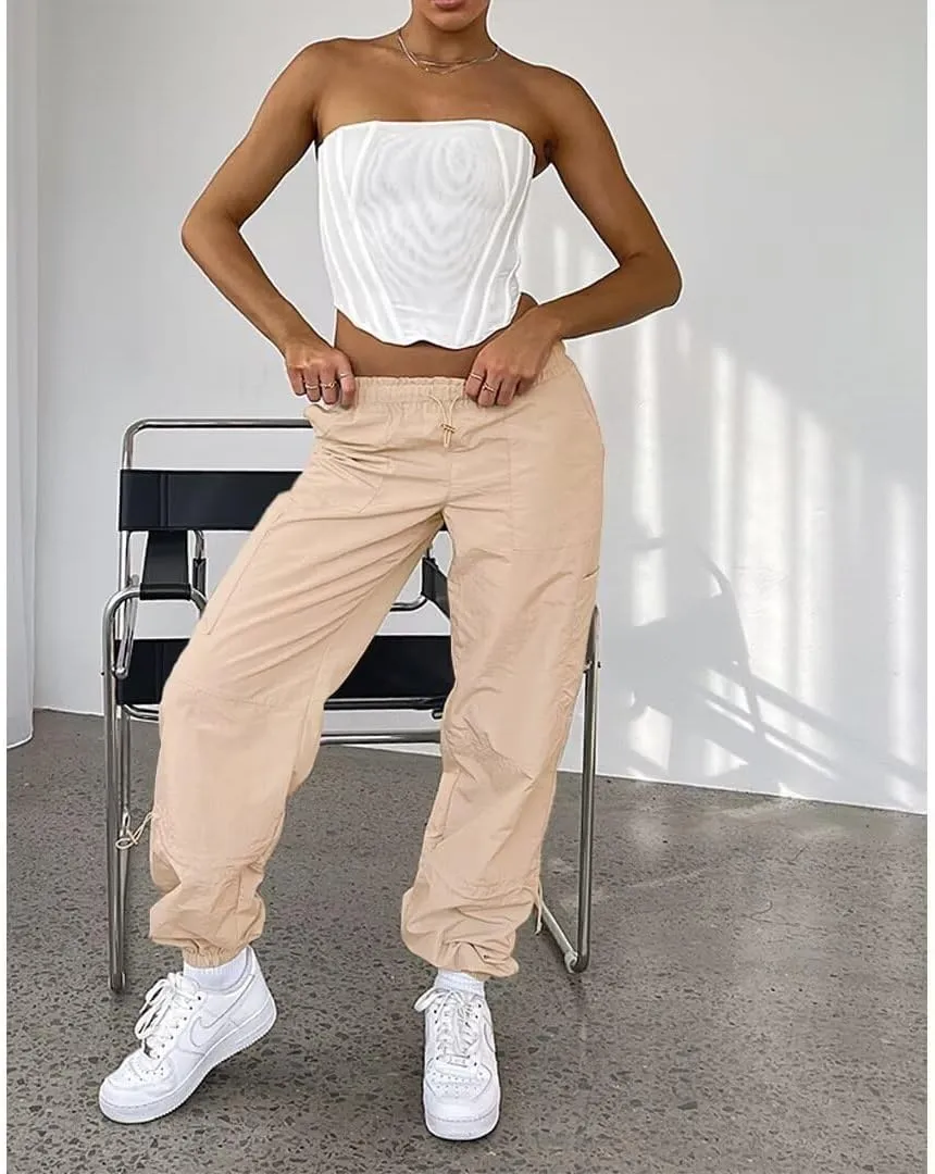 Parachute Pants for Women Cargo Pants Womens Baggy Drawstring Elastic Low Waist Ruched Joggers Pant with Pockets