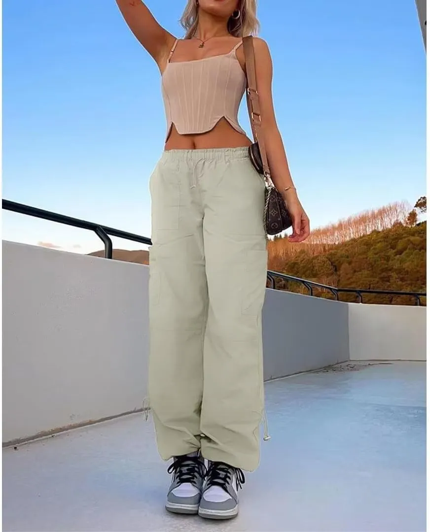 Parachute Pants for Women Cargo Pants Womens Baggy Drawstring Elastic Low Waist Ruched Joggers Pant with Pockets
