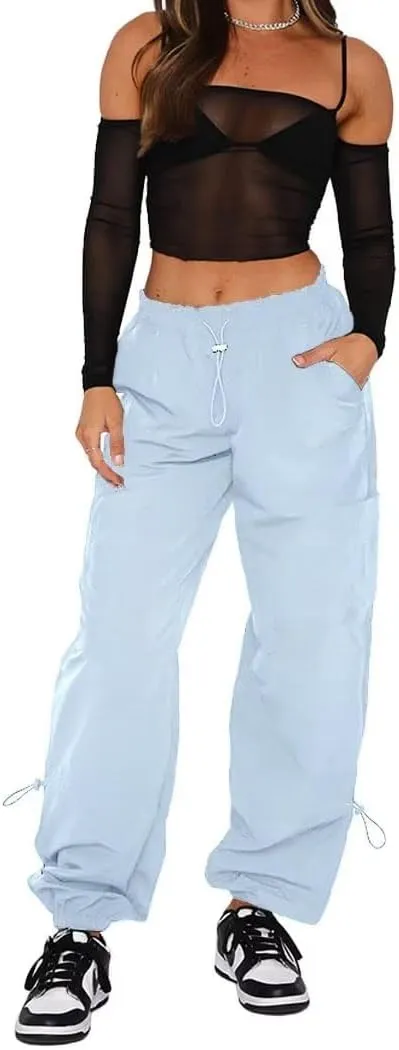 Parachute Pants for Women Cargo Pants Womens Baggy Drawstring Elastic Low Waist Ruched Joggers Pant with Pockets