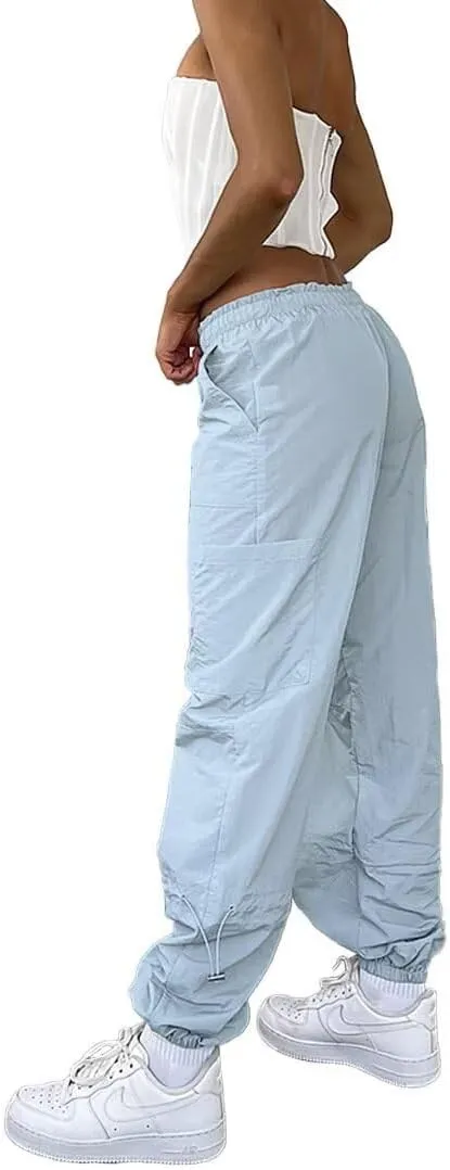 Parachute Pants for Women Cargo Pants Womens Baggy Drawstring Elastic Low Waist Ruched Joggers Pant with Pockets