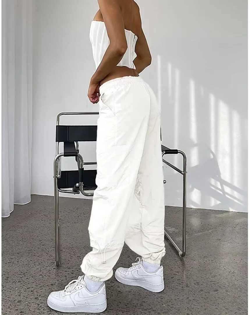 Parachute Pants for Women Cargo Pants Womens Baggy Drawstring Elastic Low Waist Ruched Joggers Pant with Pockets