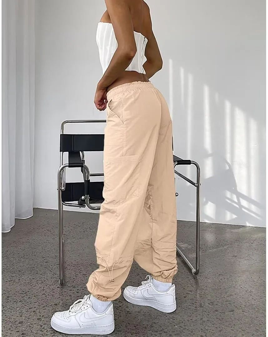 Parachute Pants for Women Cargo Pants Womens Baggy Drawstring Elastic Low Waist Ruched Joggers Pant with Pockets