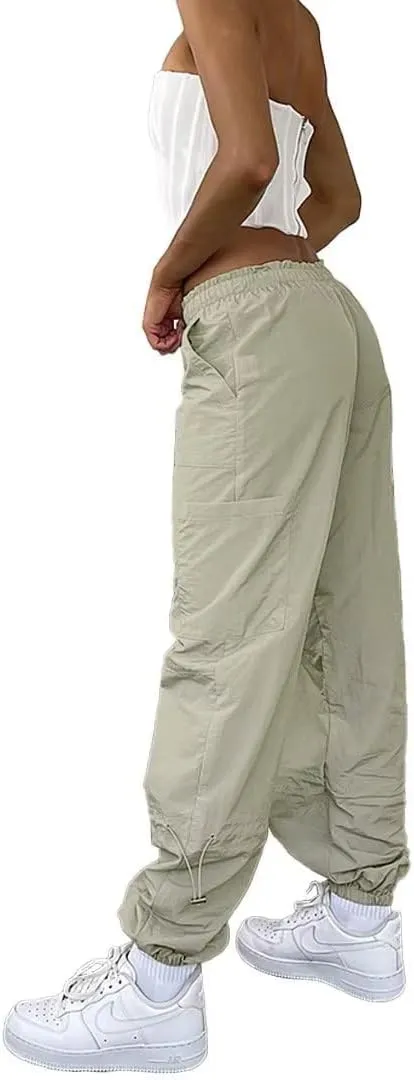 Parachute Pants for Women Cargo Pants Womens Baggy Drawstring Elastic Low Waist Ruched Joggers Pant with Pockets