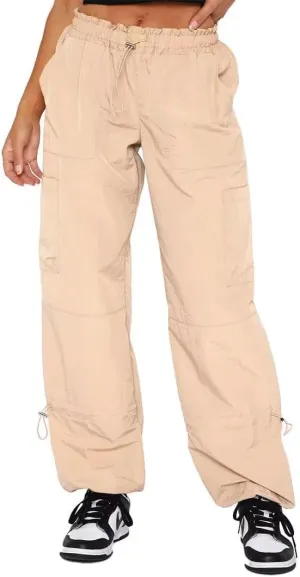 Parachute Pants for Women Cargo Pants Womens Baggy Drawstring Elastic Low Waist Ruched Joggers Pant with Pockets