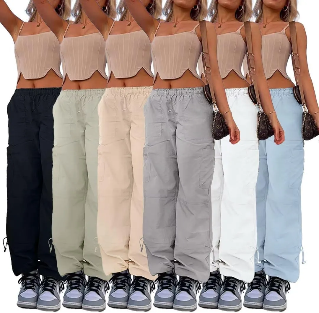 Parachute Pants for Women Cargo Pants Womens Baggy Drawstring Elastic Low Waist Ruched Joggers Pant with Pockets