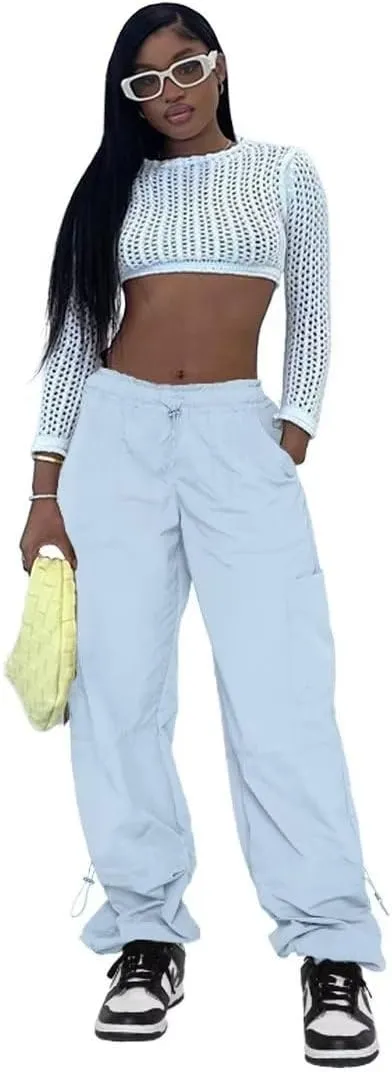 Parachute Pants for Women Cargo Pants Womens Baggy Drawstring Elastic Low Waist Ruched Joggers Pant with Pockets