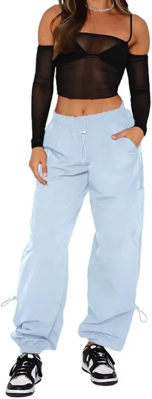 Parachute Pants for Women Cargo Pants Womens Baggy Drawstring Elastic Low Waist Ruched Joggers Pant with Pockets
