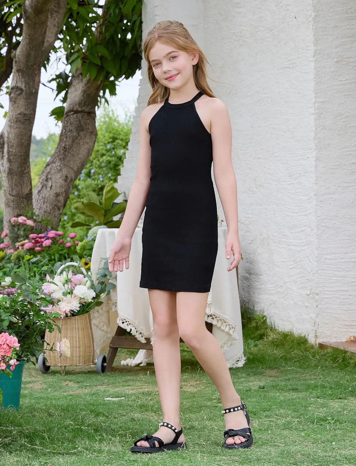 PATPAT Girl's Sleeveless Bodycon Dress Halter Neck Pencil Cami Midi Basi Dresses 4-12 Year