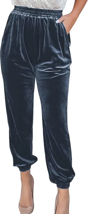PEHMEA Womens Velvet Pants Elastic High Waist Trousers Casual Loose Athletic Joggers Velour Sweatpants(Grey-M)