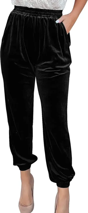 PEHMEA Womens Velvet Velour Joggers Elastic Waist Trousers Casual High Waist Pants Relaxed Fit Sweatpants(Black-L)