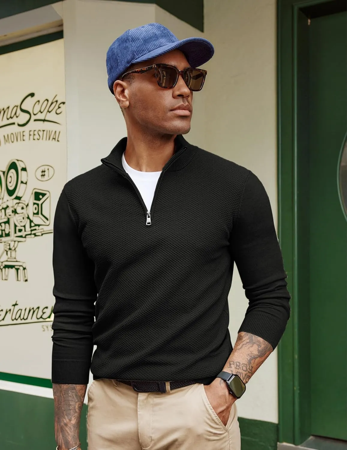 PJ PAUL JONES Mens Quarter Zip Pullover Sweaters Casual Sweater Knitted Slim Fit Pullovers