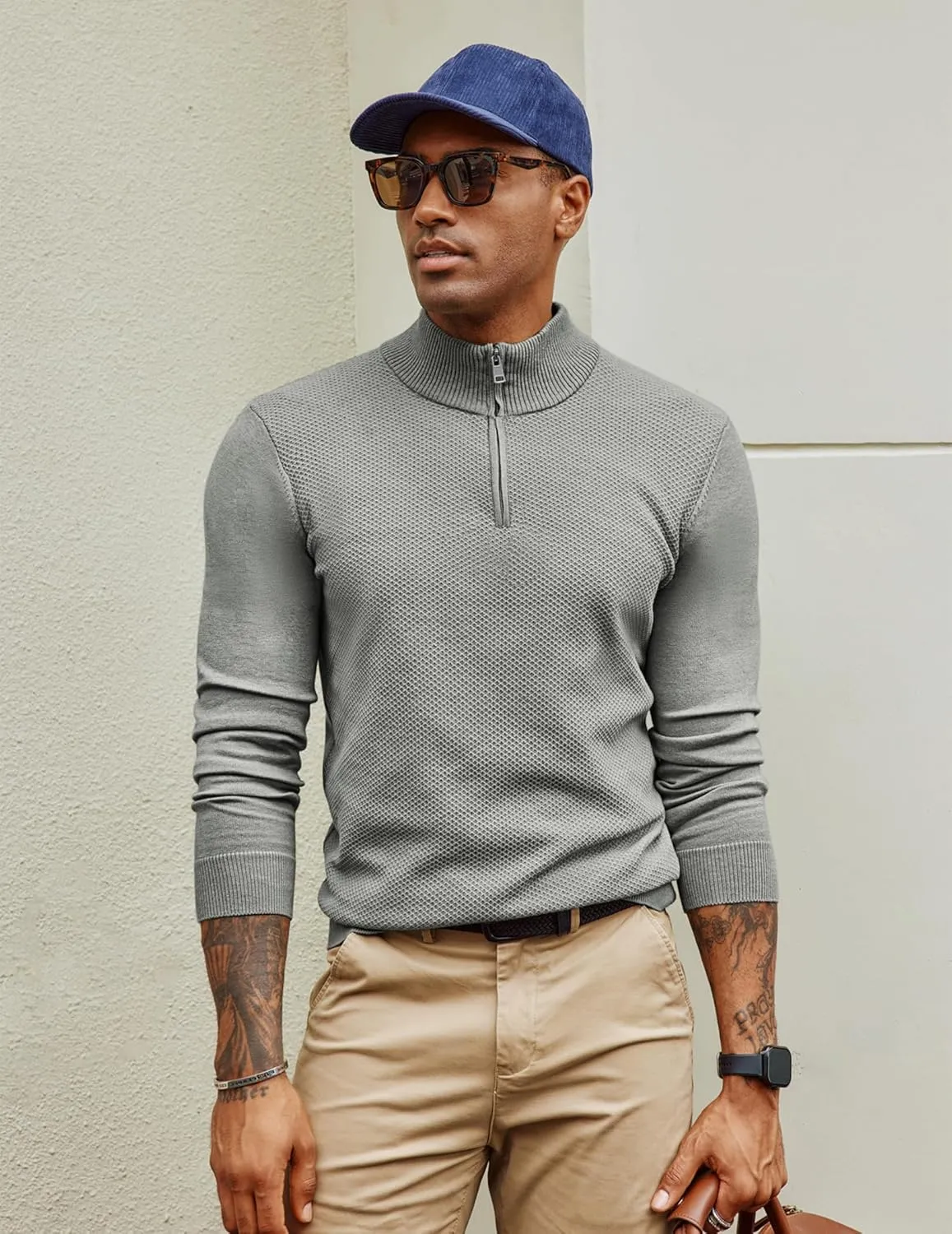 PJ PAUL JONES Mens Quarter Zip Pullover Sweaters Casual Sweater Knitted Slim Fit Pullovers