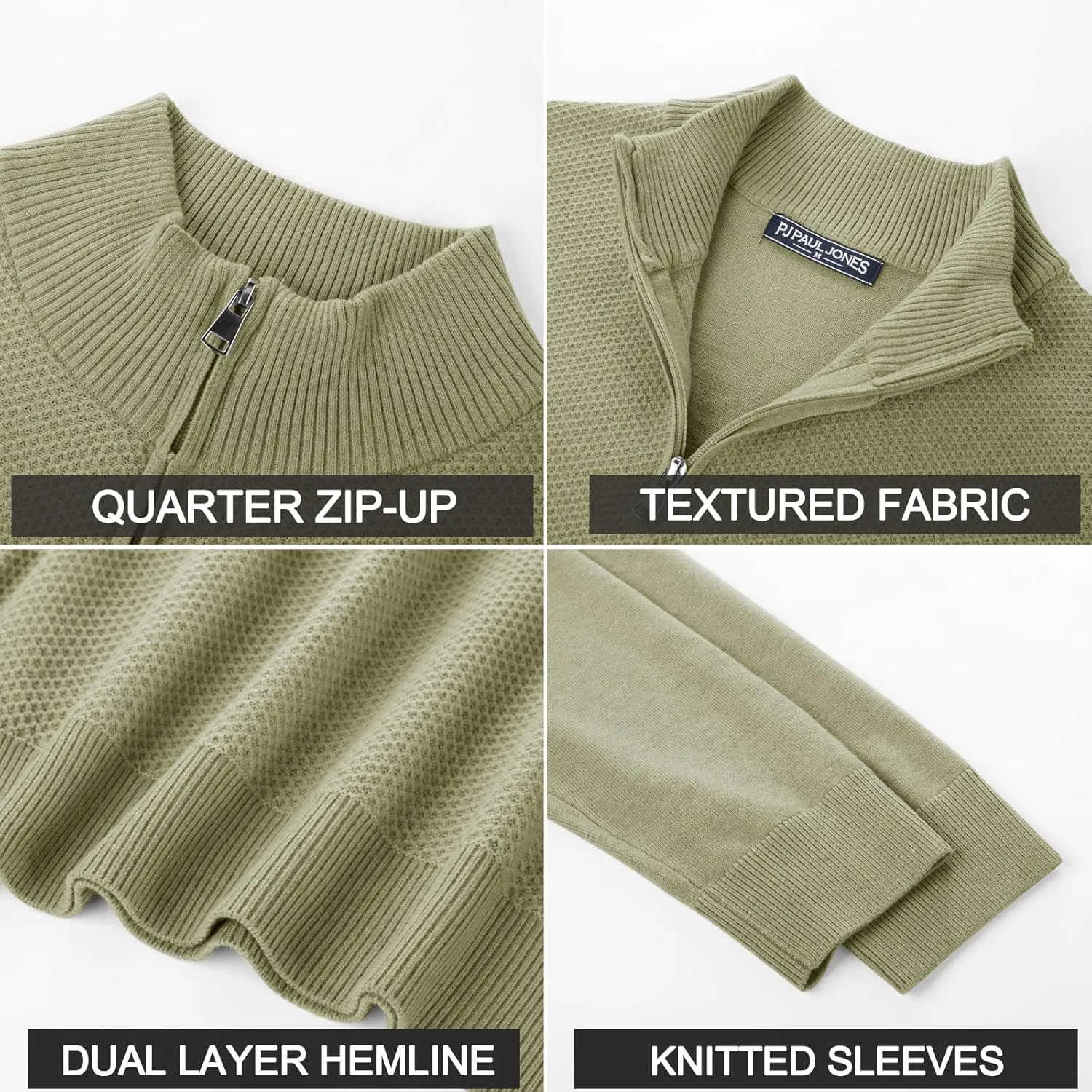 PJ PAUL JONES Mens Quarter Zip Pullover Sweaters Casual Sweater Knitted Slim Fit Pullovers