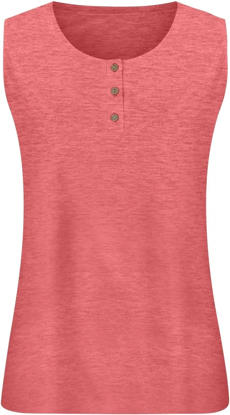 Plus Size Tank Tops for Women Summer Sleeveless O Neck Henley T-Shirts Tops Casual Button Down Tunics Shirts