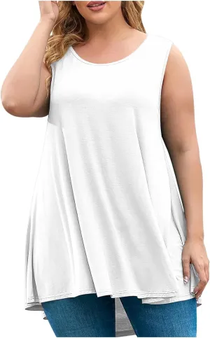 Plus Size Womens Tank Tops Round Neck Loose Fitting Sleeveless Tshirts Pleated Summer Flowy Maternity Tunic Top