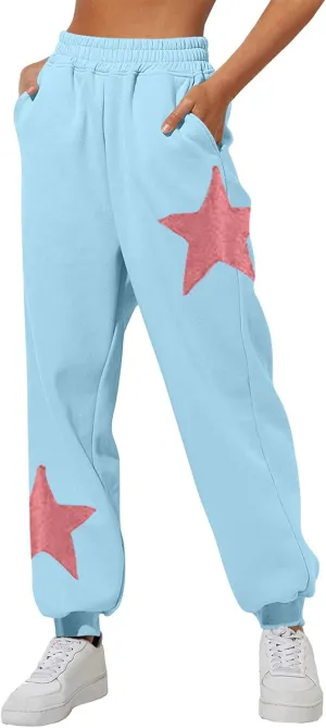 Preppy Sweatpants for Women with Cinch Bottom Star Print Elastic Waist Jogger Pants Baggy Lounge Streetwear Clothes