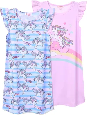 QPANCY 2-Pack Girls Nightgown Flutter Sleeves Pajamas Princess Night Dresses Cotton Sleepwear