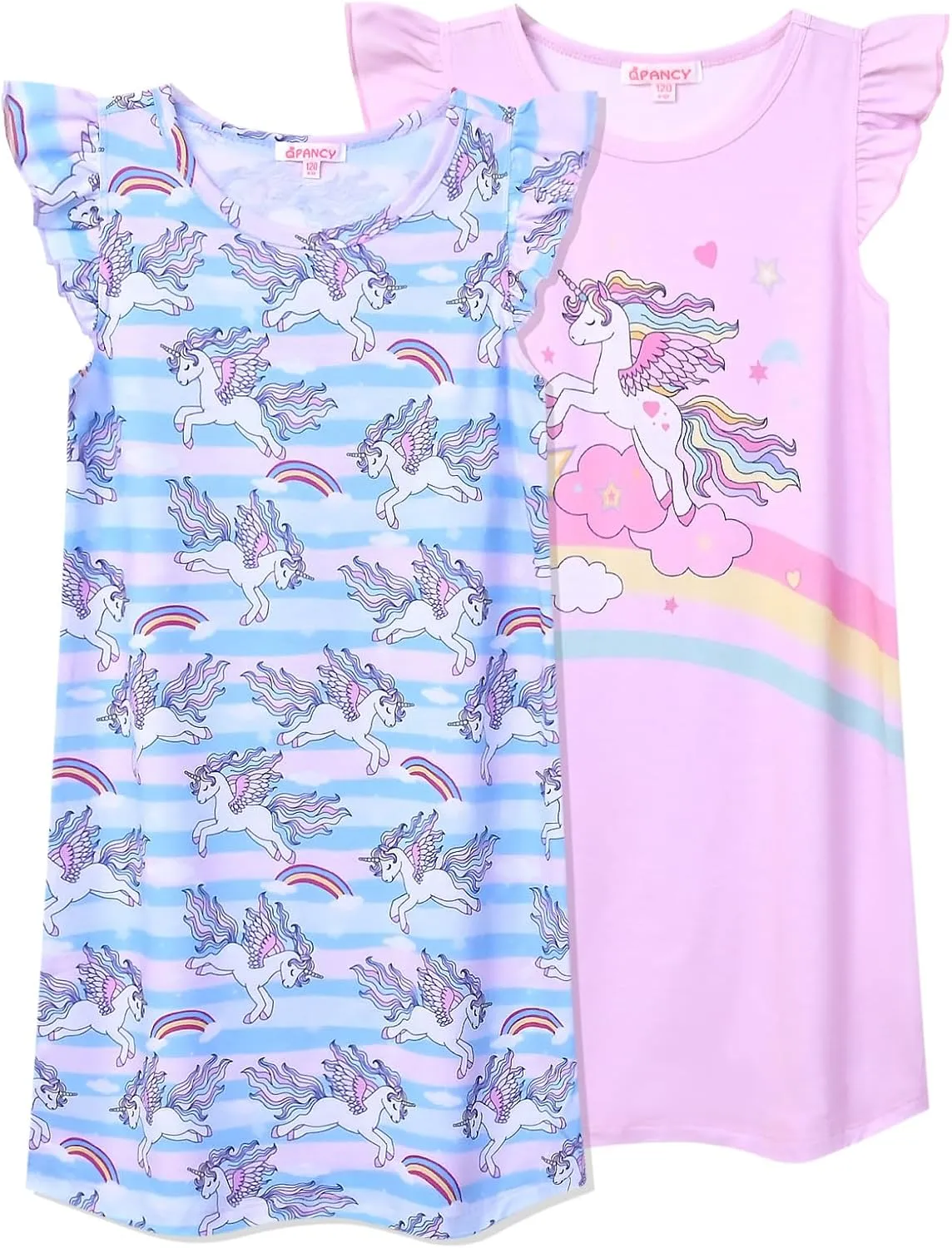 QPANCY 2-Pack Girls Nightgown Flutter Sleeves Pajamas Princess Night Dresses Cotton Sleepwear