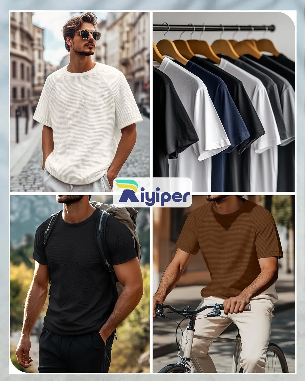 Riyiper 3 Pack Men's Waffle Knitted Short Sleeve Crewneck T-Shirts Solid Raglan Sleeve Casual Pullover Tees
