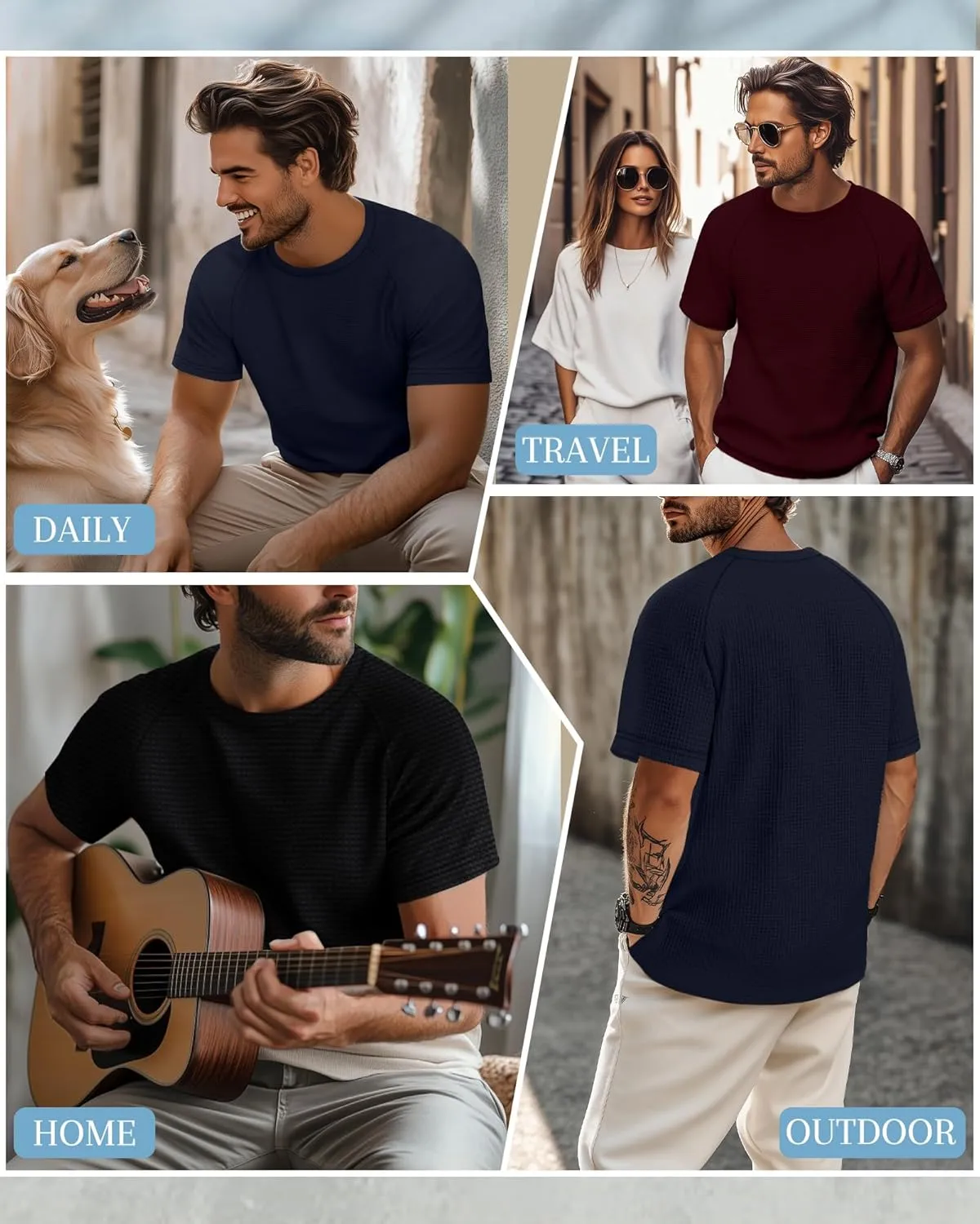 Riyiper 3 Pack Men's Waffle Knitted Short Sleeve Crewneck T-Shirts Solid Raglan Sleeve Casual Pullover Tees