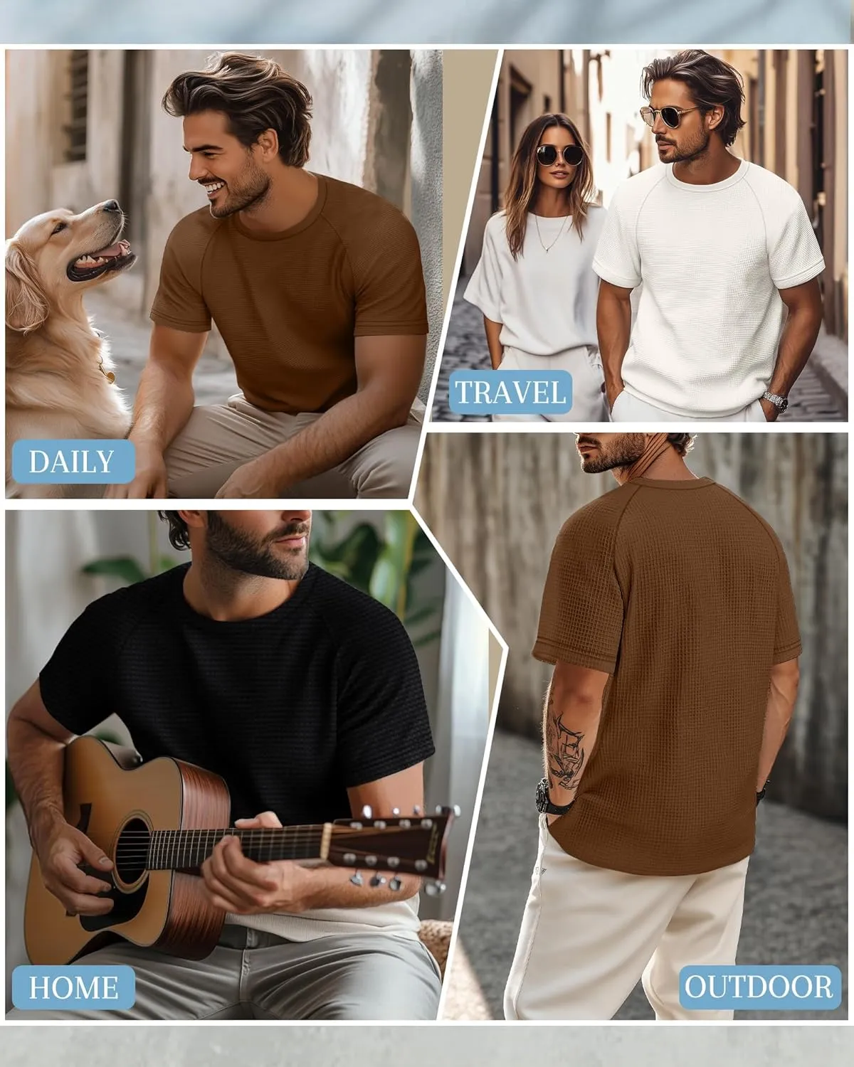 Riyiper 3 Pack Men's Waffle Knitted Short Sleeve Crewneck T-Shirts Solid Raglan Sleeve Casual Pullover Tees