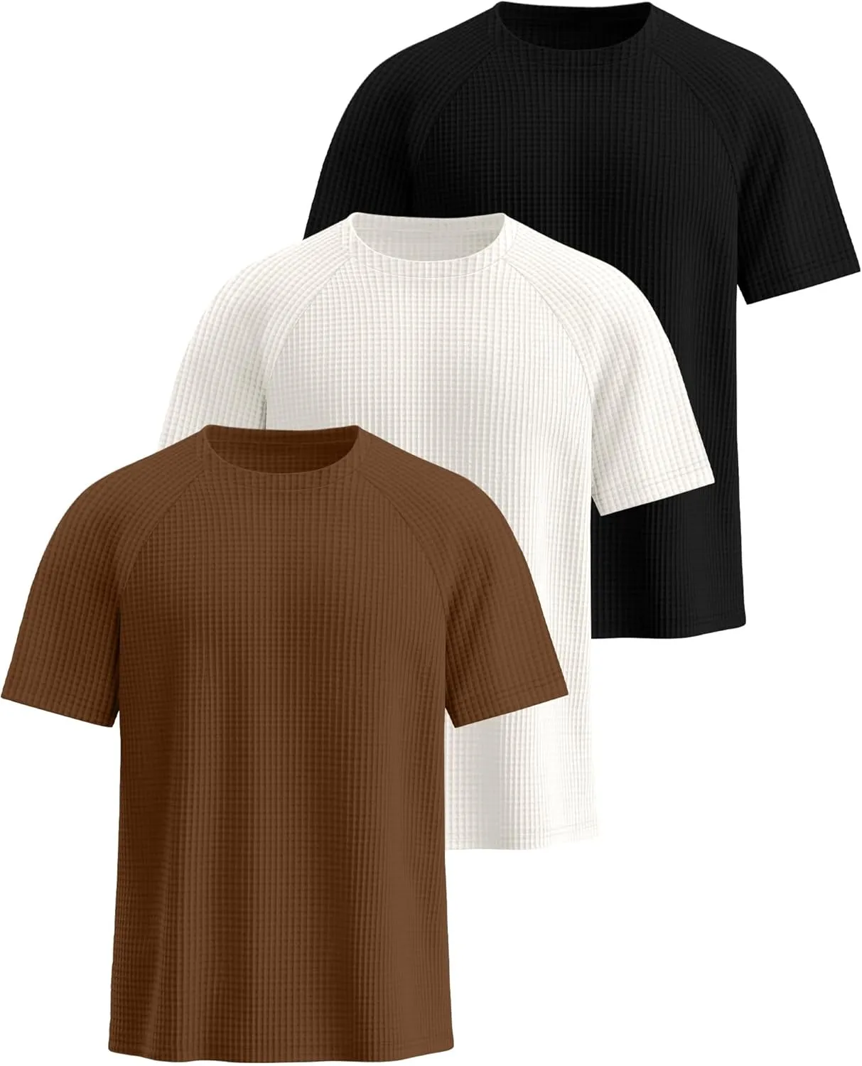 Riyiper 3 Pack Men's Waffle Knitted Short Sleeve Crewneck T-Shirts Solid Raglan Sleeve Casual Pullover Tees